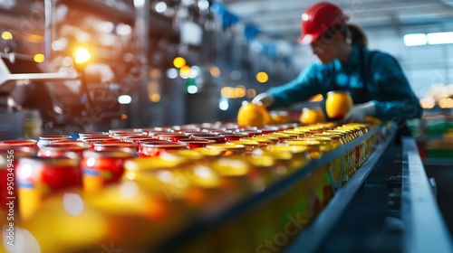 Wallpaper Mural Worker in a food processing factory carefully examining jars on a production line, ensuring quality in an industrial setting. Torontodigital.ca