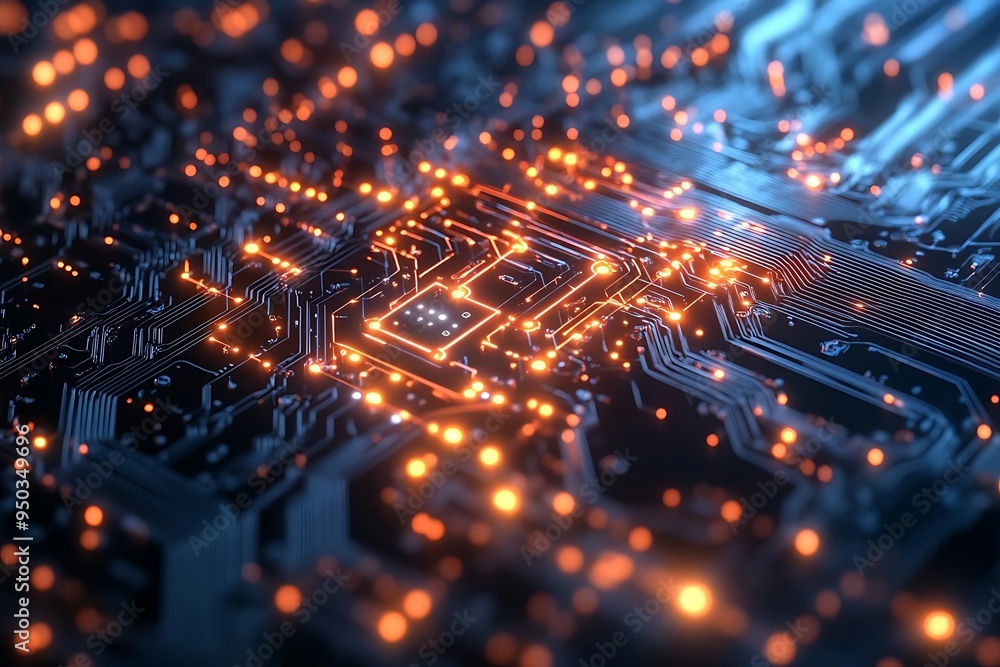 Circuit Board with Glowing Orange Lights 3D Illustration Circuit Board with Glowing Orange Lights 3D Illustration