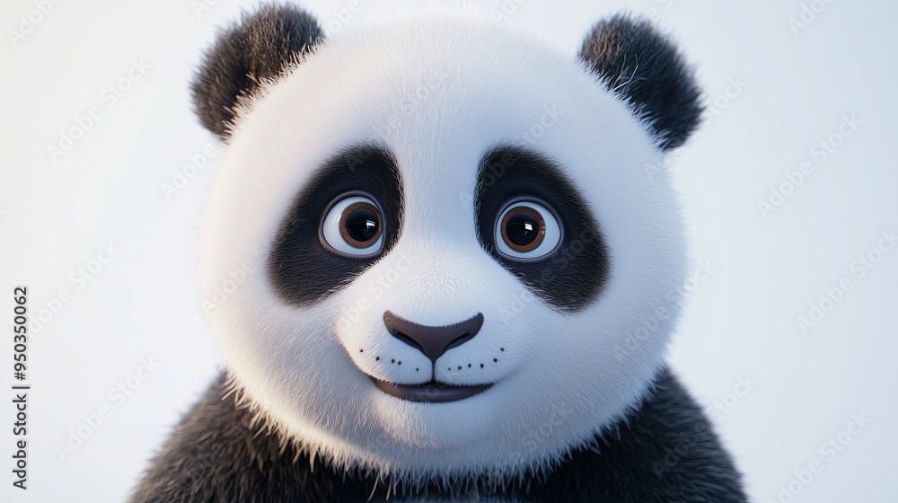 A detailed and realistic close up of a panda, showcasing its large eyes and fluffy fur. The panda is positioned in front of a pure white backdrop, with bright, even lighting that A detailed and realistic close up of a panda, showcasing its large eyes and fluffy fur. The panda is positioned in front of a pure white backdrop, with bright, even lighting that