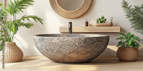 Luxurious bathroom featuring a large stone vessel sink, wooden shelf, and circular rattan mirror. Surrounded by tropical plants in wicker baskets for a natural, spa-like ambiance
