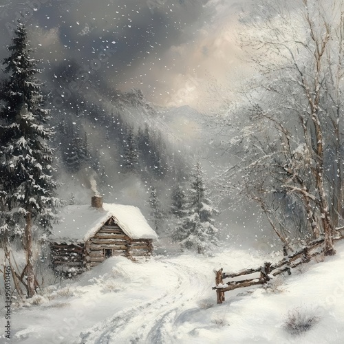 Snowstorm engulfing a mountain cabin, harsh weather, snowcovered surroundings photo