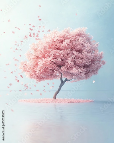 Dreamy pink cherry blossom tree on a calm body of water, set against a soft pastel sky, with petals gracefully falling. photo