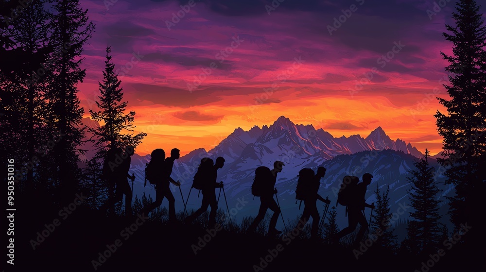 Fototapeta premium Group of hikers silhouetted against a vibrant sunset with mountain range in the background.