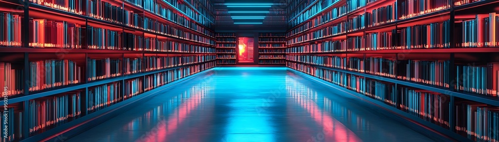 Red and Blue Neon Lights in a 3D Rendered Library Illustration Red and Blue Neon Lights in a 3D Rendered Library Illustration