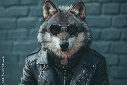  Wolf in a leather jacket and sunglasses, exuding coolness photo