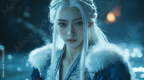 A Mystical Portrait of a Woman in a Blue and White Outfit