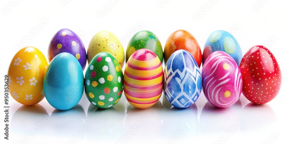 Colorful painted Easter eggs displayed on a white background , Easter, holiday, celebration, vibrant, decoration, spring Colorful painted Easter eggs displayed on a white background , Easter, holiday, celebration, vibrant, decoration, spring