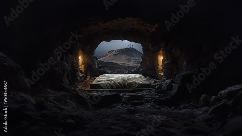  The Empty Tomb of Jesus, Overlooking the Hill of Golgotha Where the Crosses Stand, a Solemn Reflection of the Crucifixion and Resurrection