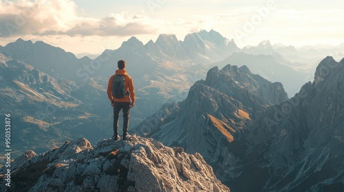 A shot from a documentary of a man standing on top of a mountain and gazing at the mesmerizing panorama below. Super detail, sharp details, 8K, Fujicolor C200 photo