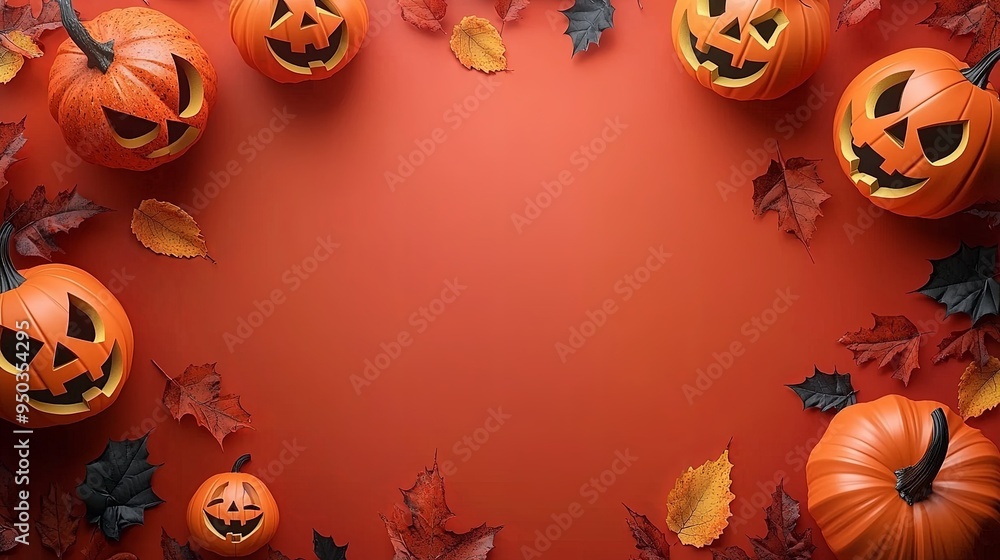 A border of jack-o'-lanterns with glowing faces lies on a red background, surrounded by scattered autumn leaves, creating a lively Halloween-themed frame perfect for festive designs. A border of jack-o'-lanterns with glowing faces lies on a red background, surrounded by scattered autumn leaves, creating a lively Halloween-themed frame perfect for festive designs.