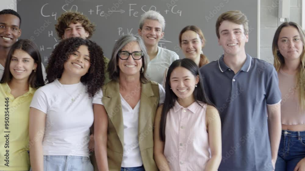 Portrait of a group of diverse teenage students and a female teacher smiling looking at camera in a class. High school, school year, university Portrait of a group of diverse teenage students and a female teacher smiling looking at camera in a class. High school, school year, university