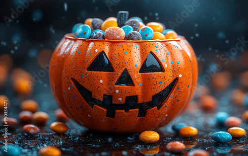 A halloween pumpkin bowl filled with candy in a festive halloween background. Suitable for halloween-themed events and parties.