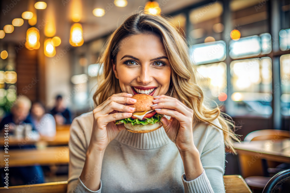 A white pretty woman is eating a delicious burger in a fast food restaurant. Caucasian woman is enjoying the fast food. A white pretty woman is eating a delicious burger in a fast food restaurant. Caucasian woman is enjoying the fast food.
