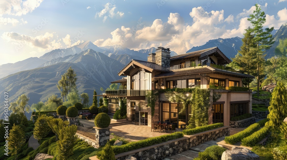A luxury mountain villa with elegant landscaping, surrounded by lush greenery and offering serene mountain vistas. A luxury mountain villa with elegant landscaping, surrounded by lush greenery and offering serene mountain vistas.