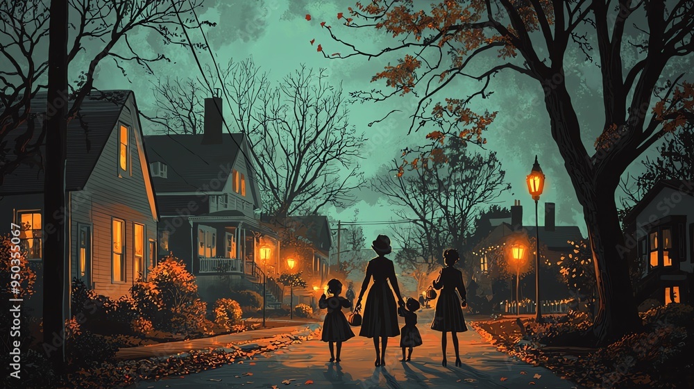 Naklejka premium A serene evening scene with a mother and daughters walking among warmly lit houses, surrounded by autumn leaves and shadows.