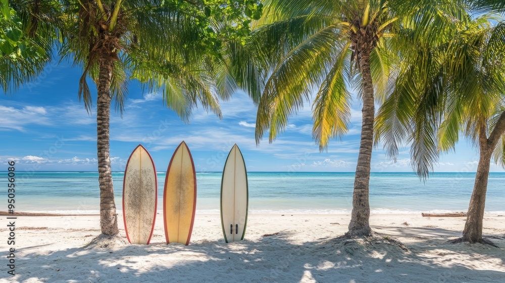 Tropical Beach Vacation Showcase with Surfboards, Palm Trees, and Essential Travel Gear. Ultimate Summer Holiday Experience. Tropical Beach Vacation Showcase with Surfboards, Palm Trees, and Essential Travel Gear. Ultimate Summer Holiday Experience.
