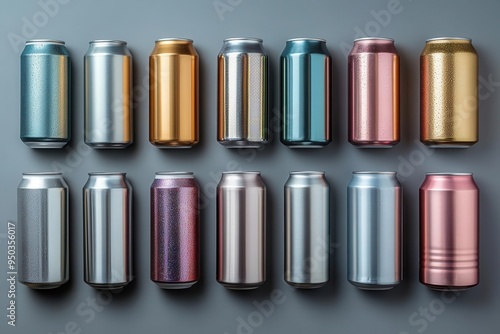 sleek aluminum beverage cans metallic sheen reflecting light variety of sizes minimalist designs arranged in artistic composition on neutral backdrop