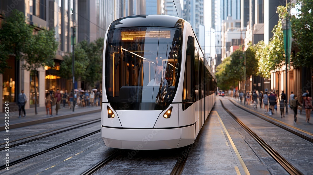 Naklejka premium Modern Tram in City Street with Blurred Background