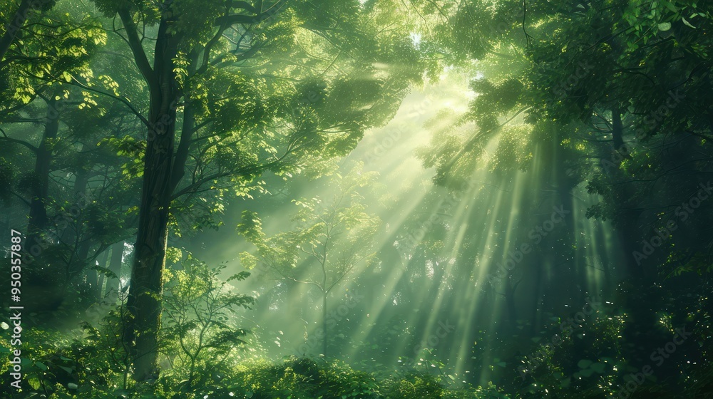 Fototapeta premium Sunbeams Through Forest Canopy