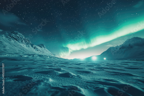 A breathtaking frozen tundra illuminated by the ethereal northern lights dances above a serene, starry night sky. photo