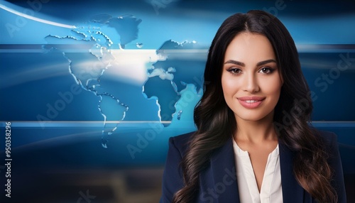 beautiful female journalist in news tv studio, AI generated