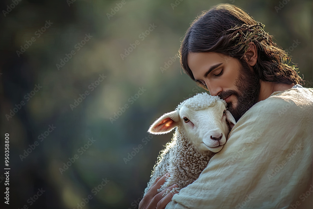 A tender moment of compassion, capturing the bond between Jesus Christ and a lamb in serene harmony and love. A tender moment of compassion, capturing the bond between Jesus Christ and a lamb in serene harmony and love.