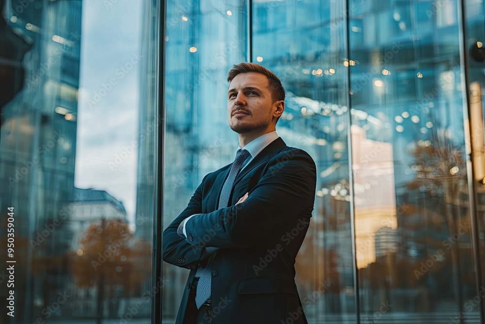 Fototapeta premium Portrait of a handsome young businessman standing by the window in office