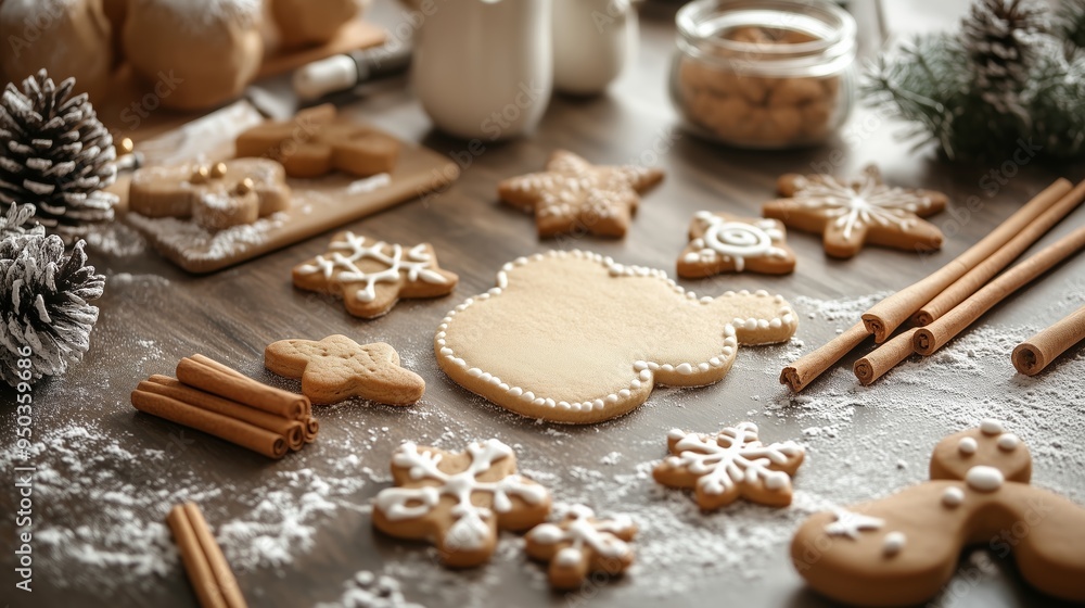 Fototapeta premium Cozy kitchen setting with freshly baked gingerbread cookies decorated for the winter holiday season
