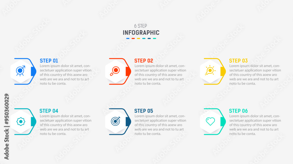Fototapeta premium Business infographics design for Six Step, option, parts or process. Infographic 6 element design template for presentation. process diagram, step banner, flow chart, 6 option template.