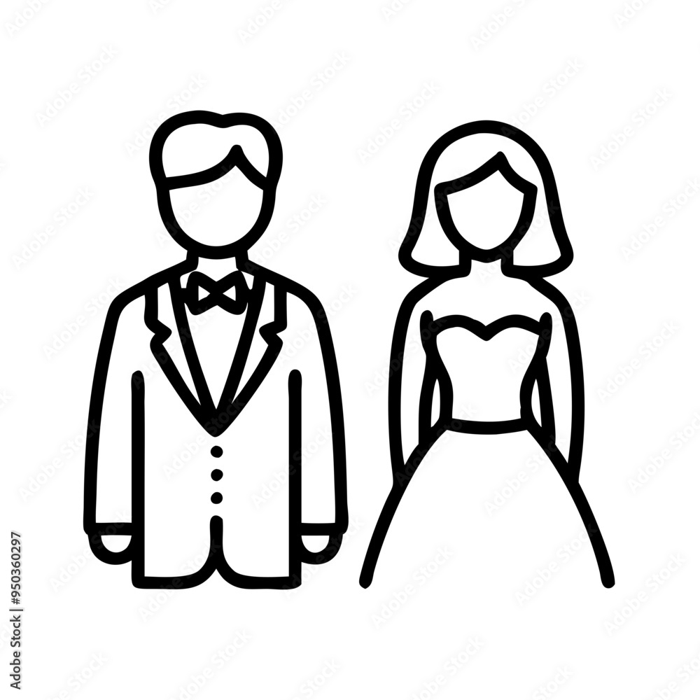 an outline icon of man and woman wedding dress, a flat vector illustration, black and white an outline icon of man and woman wedding dress, a flat vector illustration, black and white