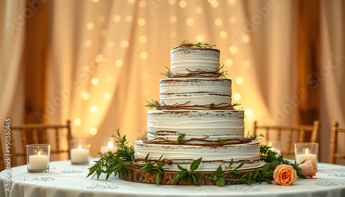 rustic wedding cake on wedding banquet isolated with white highlights, png photo