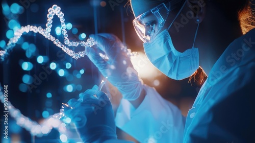 Wallpaper Mural Scientist examining DNA strands in a laboratory setting, showcasing biotechnology and genetic research advancements. Torontodigital.ca