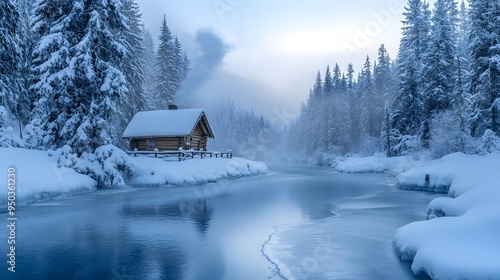 Winter wonderland snow-covered trees frozen river log cabin smoke chimney cool monochromatic blues