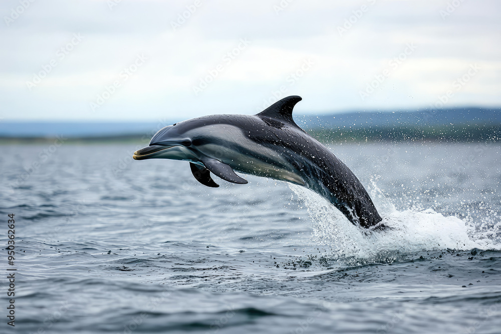 Obraz premium A joyful dolphin leaps out of the ocean, splashing water around while showcasing its playful spirit against a serene backdrop.