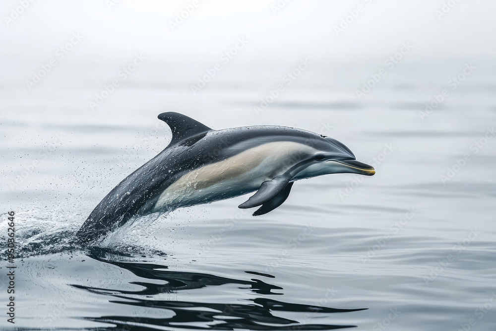 Obraz premium Joyful Dolphin Leaps Exuberantly from the Calm Ocean, Splashes Reflecting its Playful Spirit and the Beauty of Nature.