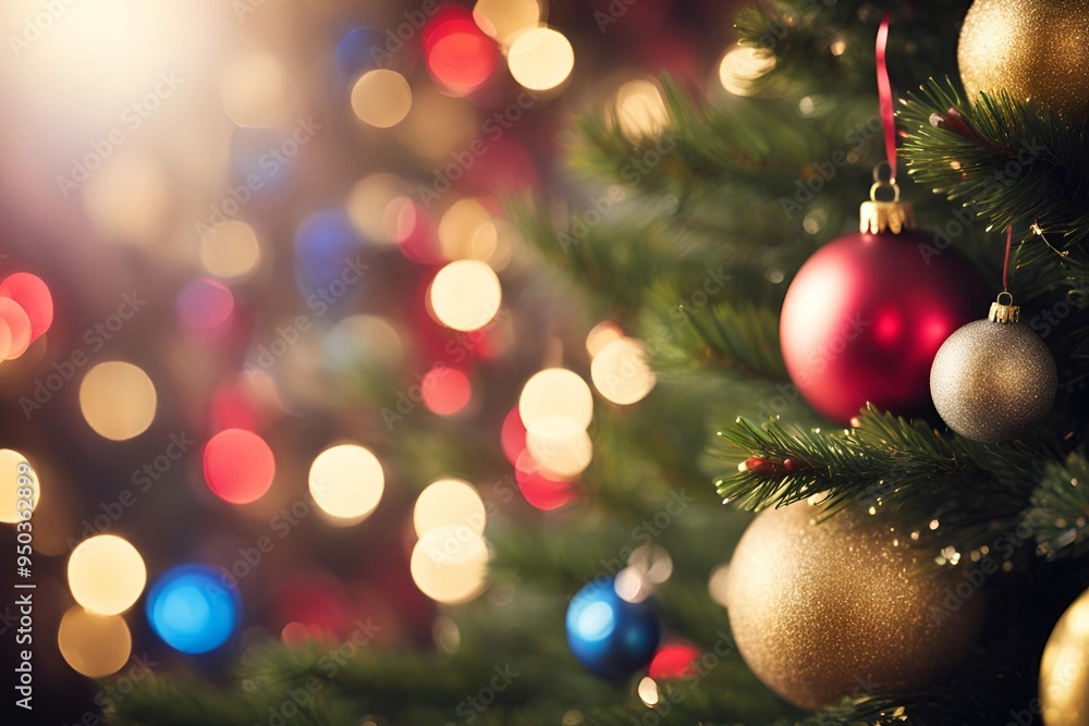 Christmas Tree With Baubles And Blurred Shiny Lights Christmas Tree With Baubles And Blurred Shiny Lights
