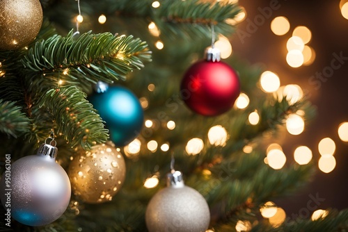 Christmas Tree With Baubles And Blurred Shiny Lights