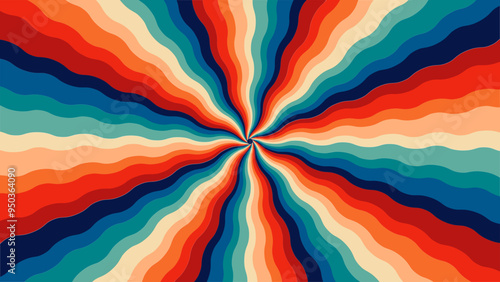 Abstract colorful groovy, vintage background. Sunburst background. Starburst horizontal wavy retro vector background.