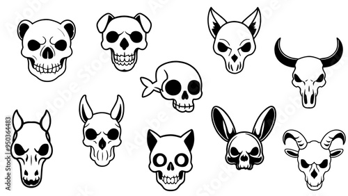 Stylish silhouette vector set of animal skulls