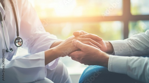 A doctor gently holding a patients hand during a serious discussion in a well-lit medical office the room filled with the warmth of natural light