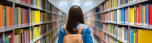 Woman Walking Through Library Bookshelves Photo photo