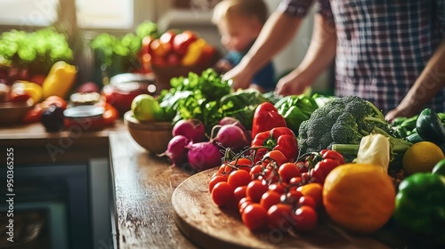 A vibrant assortment of healthy organic fruits and vegetables on a rustic wooden table in a well-lit kitchen with a family preparing a fresh meal together photo