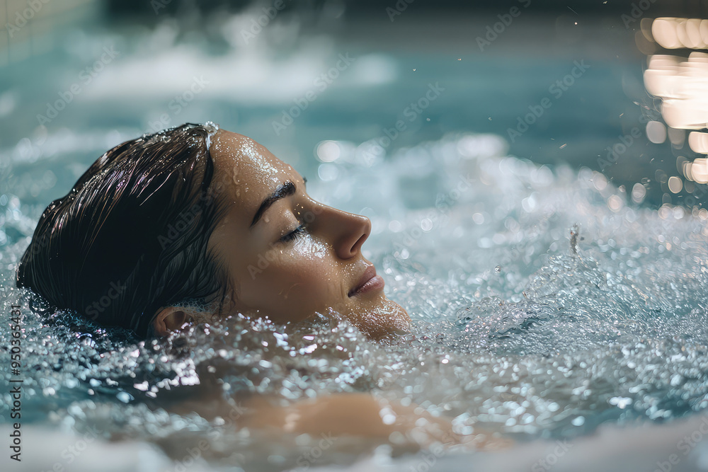 Obraz premium Embracing Serenity: A Woman's Tranquil Hydrotherapy Experience in Blissful Waters and Gentle Bubbles of Relaxation.