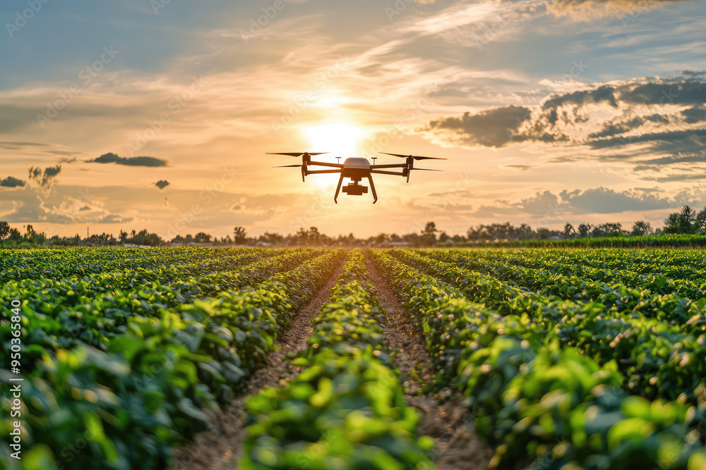 AI-Powered Drone Surveying a Lush Agricultural Field Under a Vibrant Sunset Sky, Enhancing Modern Farming Techniques. AI-Powered Drone Surveying a Lush Agricultural Field Under a Vibrant Sunset Sky, Enhancing Modern Farming Techniques.
