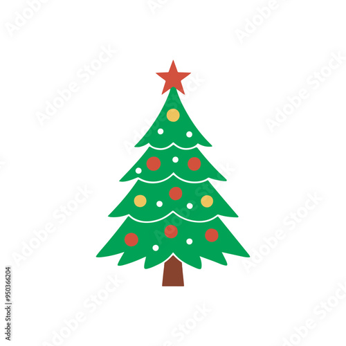 Cartoon abstract christmas tree with stars and balls vector, Christmas Tree Color Flat Icon, merry xmas celebration happy new year decoration vector illustration. 