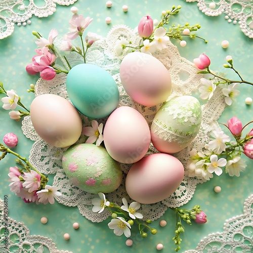 5 A soft pastel background with a beautifully decorated vintage Easter egg on the right side