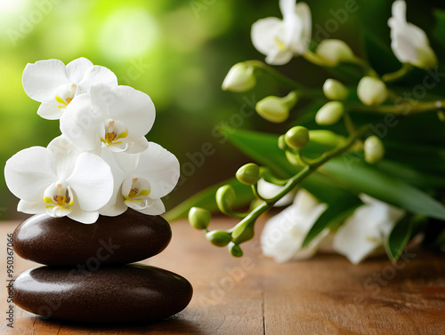 A serene arrangement of white orchids atop smooth stones, surrounded by lush greenery, perfect for relaxation and wellness themes. photo