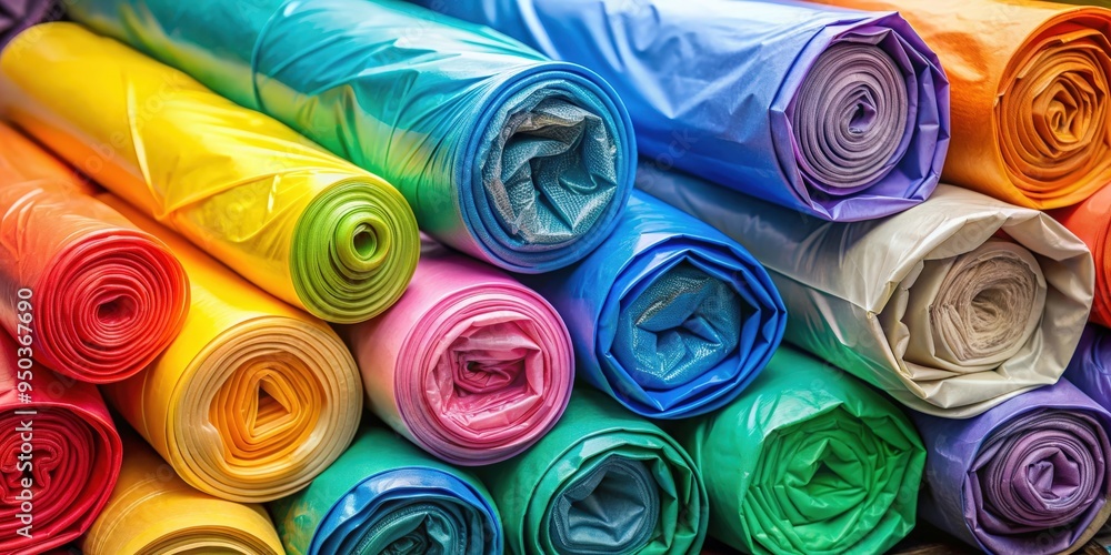 A close-up of multiple rolls of garbage bags in various colors and sizes, garbage bags, rolls, plastic, disposal A close-up of multiple rolls of garbage bags in various colors and sizes, garbage bags, rolls, plastic, disposal