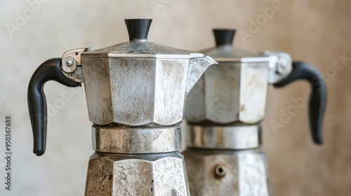 Obraz na płótnie Classic Stovetop Espresso Makers - Close-up of Italian Espresso Pots like Moka Pot Against Neutral Background w salonie