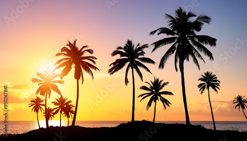 Silhouette of palm trees at tropical sunrise or sunset isolated with white highlights, png